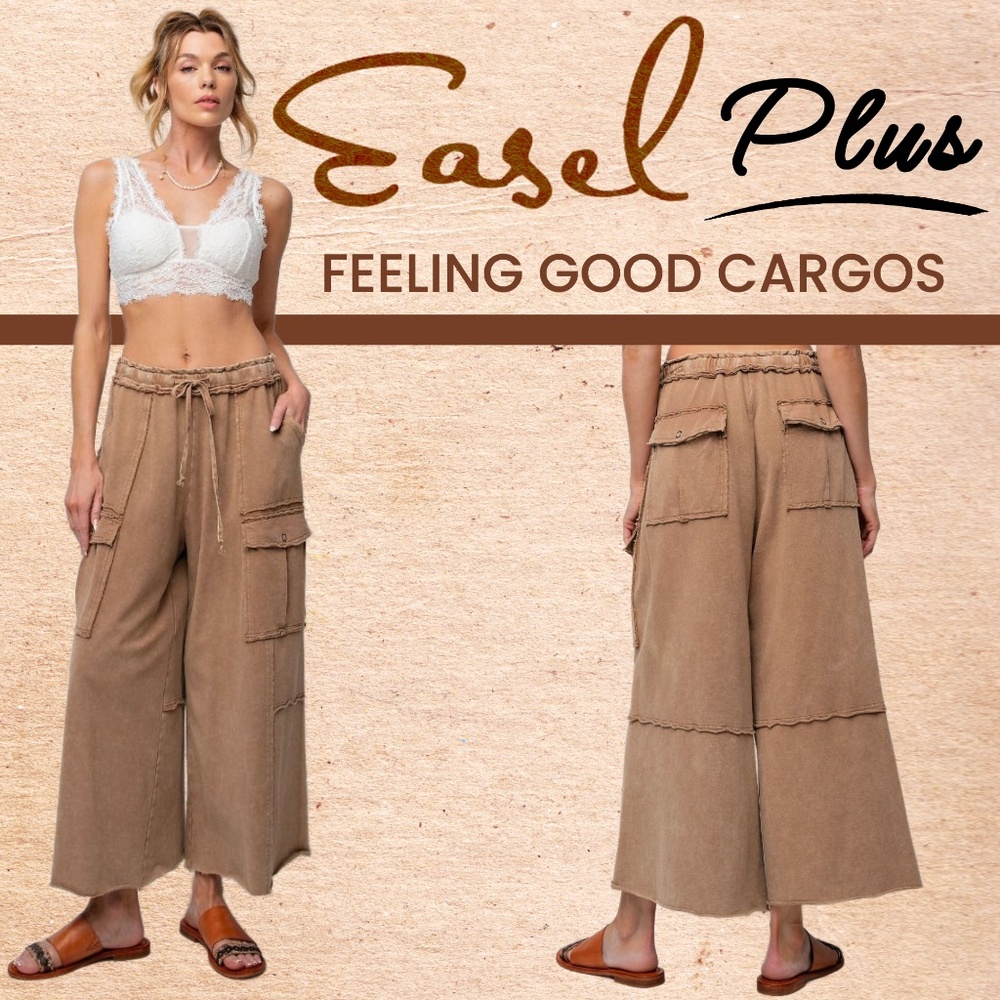 EASEL “Feeling Good Cargos” Mineral Washed Flared Leg, Raw Seams & Hems, Pockets